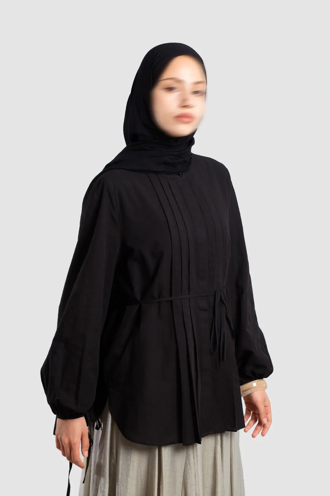Ribbed Detail Cotton Voile Shirt Black 3