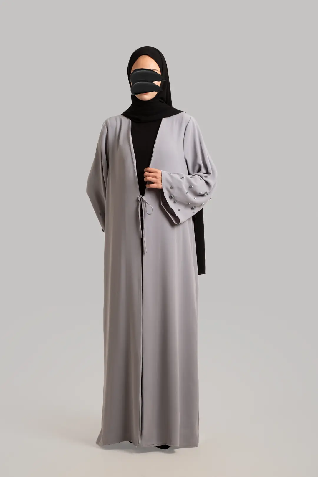 Boncuk Detaylı Abaya Gri 3