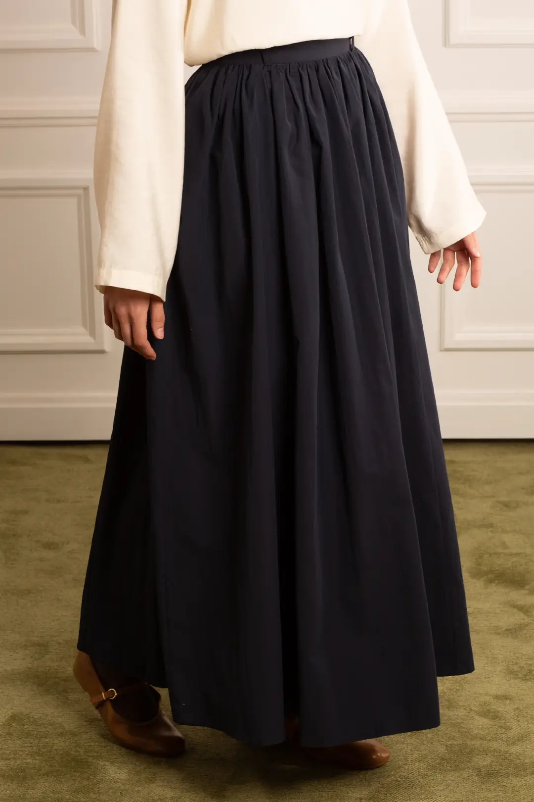 Gathered Square Cotton Skirt, Navy Blue