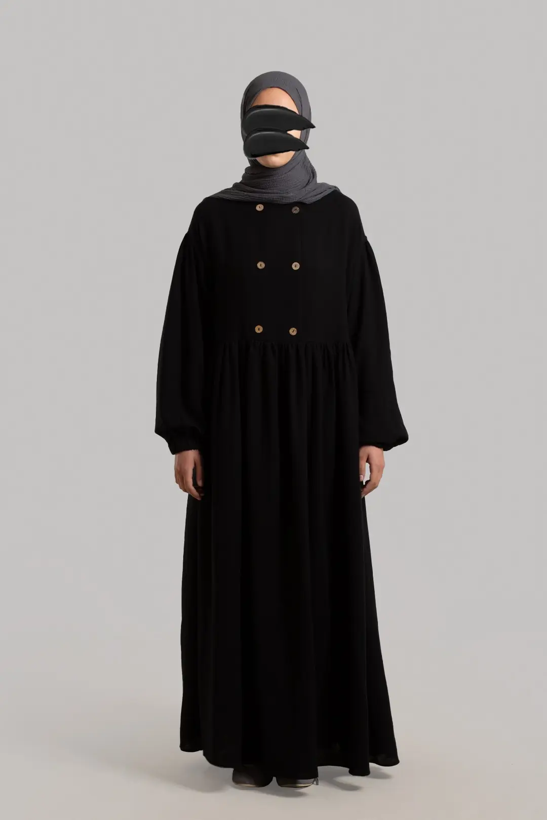Natural Buttoned Muslin Dress Black