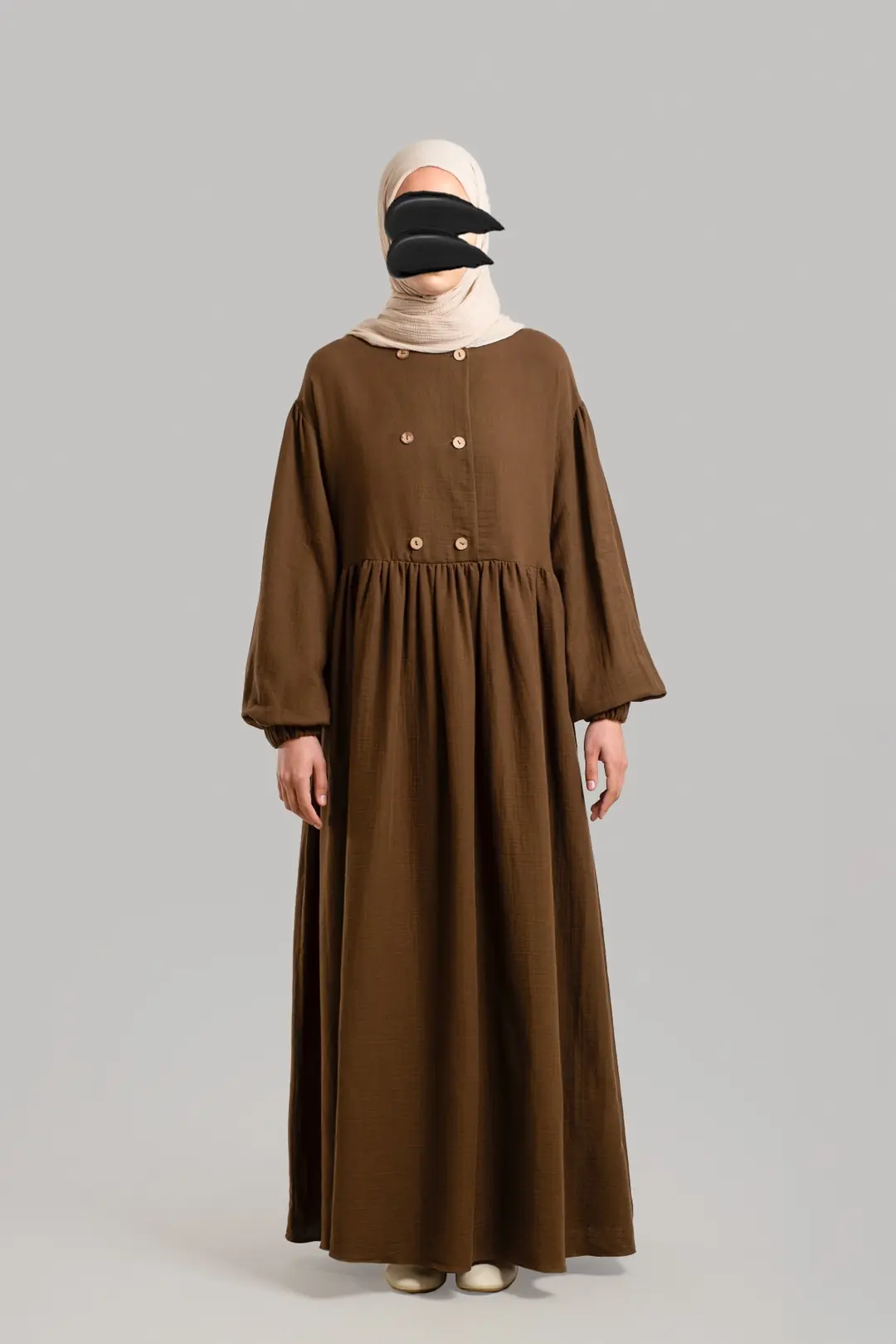 Natural Buttoned Muslin Dress Dark Brown 3