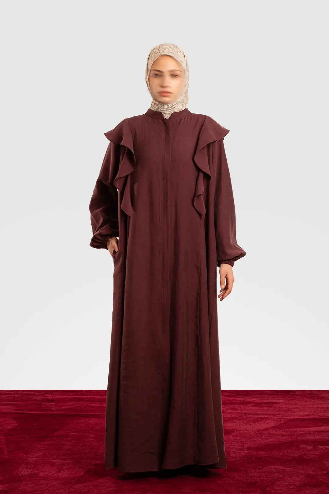 Zippered, Ruffled Tencel Abaya in Plum 3