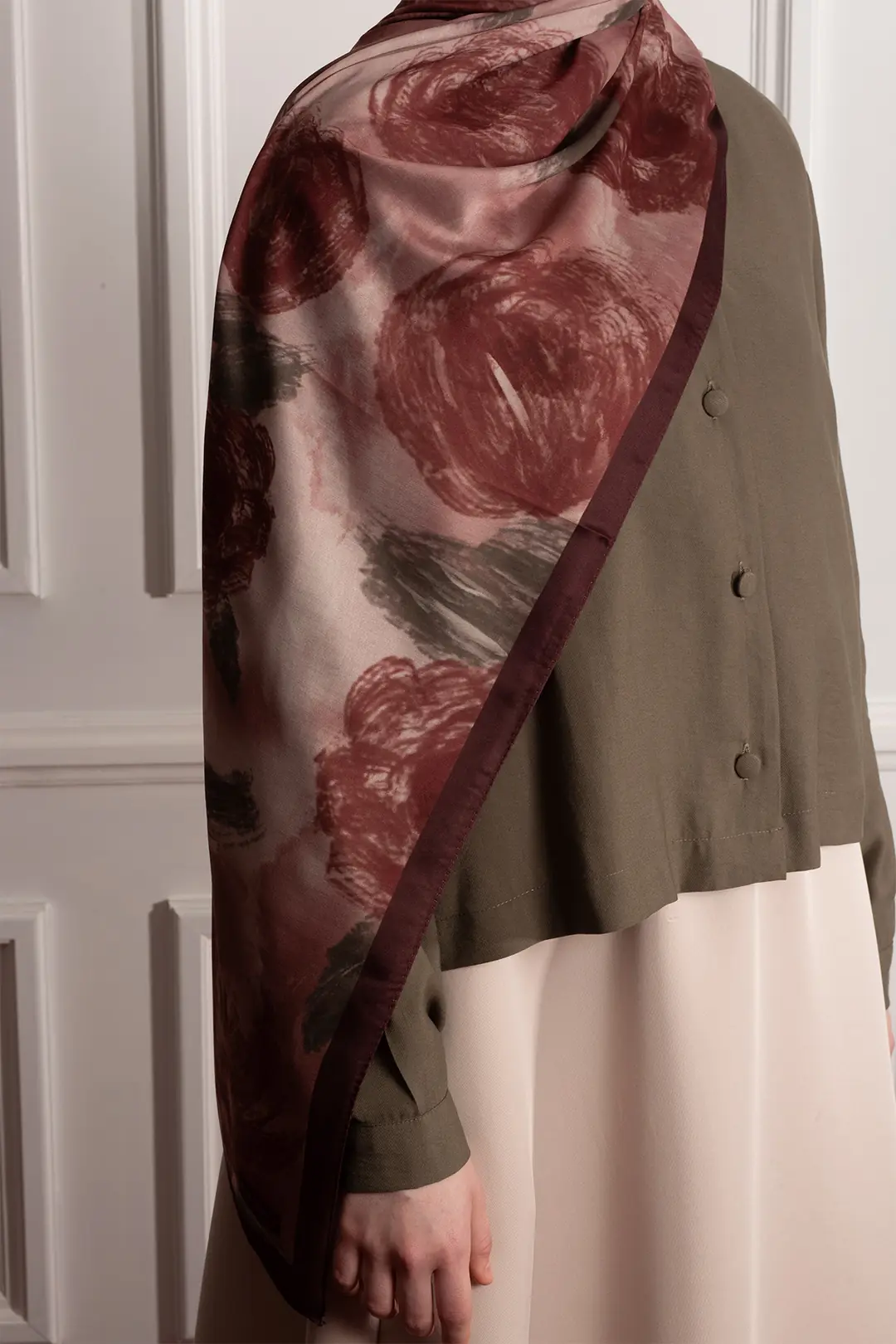 Cloud Roses Patterned Soft Scarf, Burgundy 3