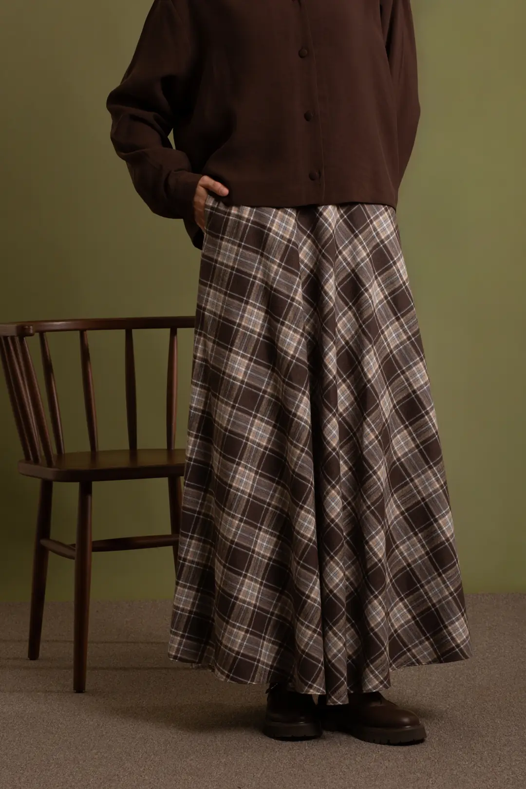 Plaid Cotton Flared Skirt Earthy Brown