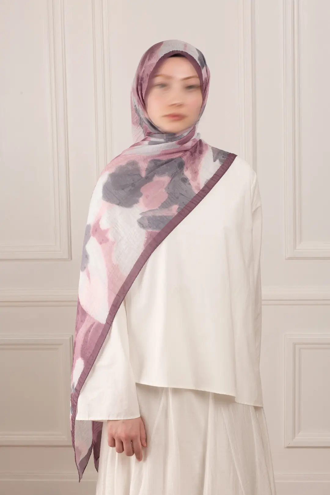 Pastel Bahçe Desenli Müslin Şal Gül Kurusu