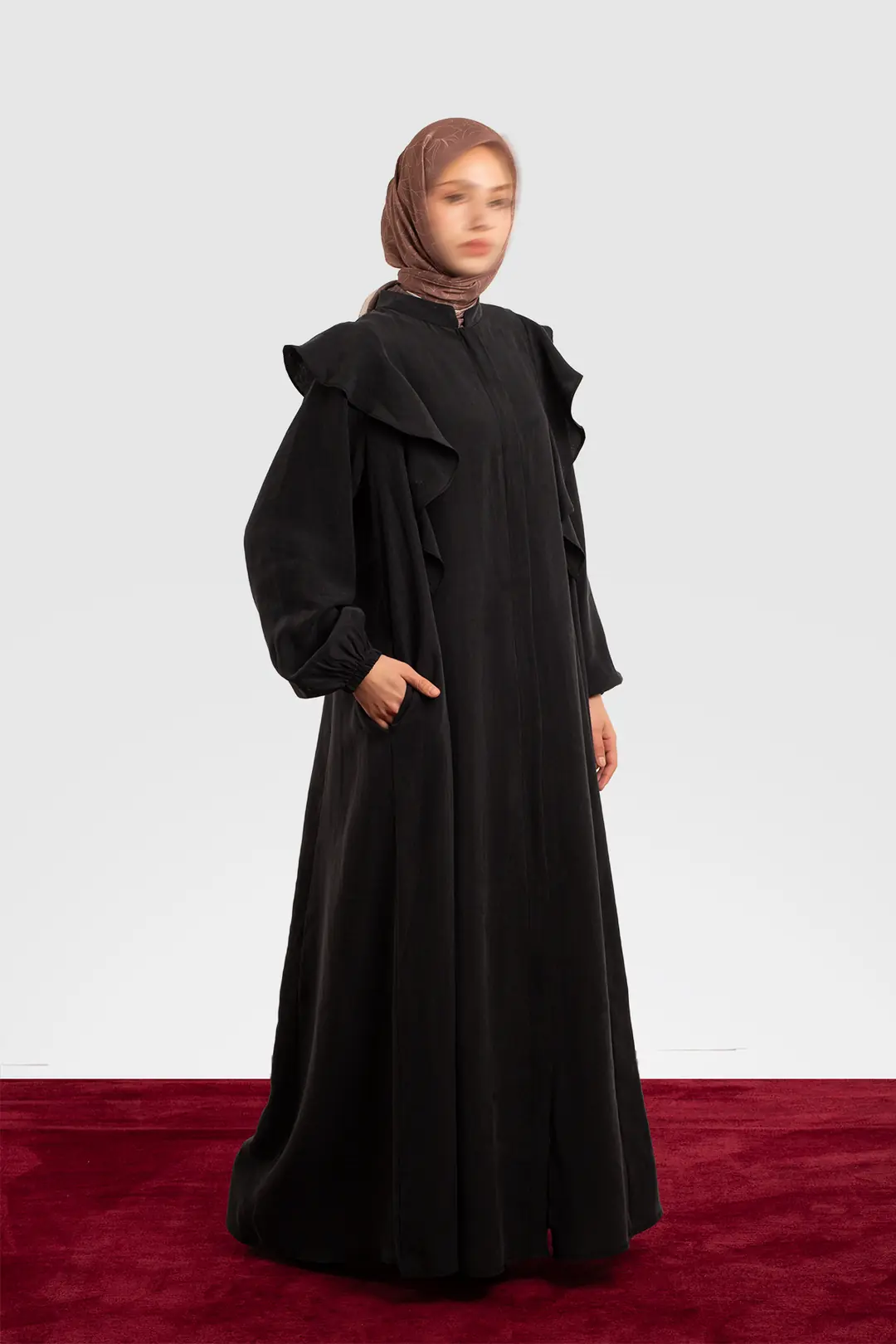Zippered Ruffled Tencel Abaya, Black 4