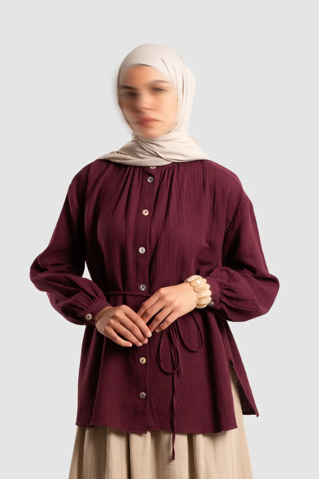 Muslin Shirt with Gathered Detail, Burgundy 4