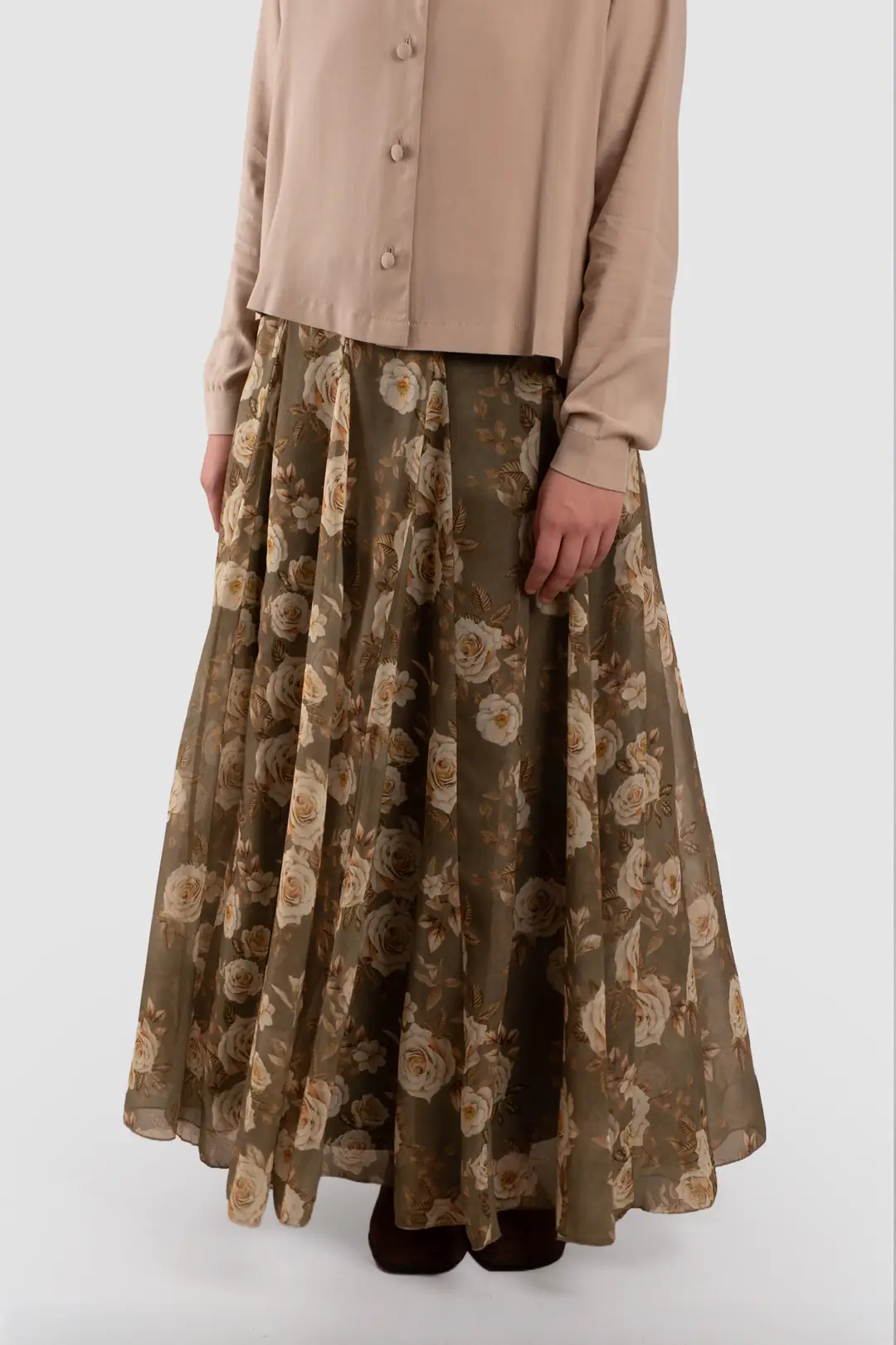 Floral Desenli Şifon Kloş Etek Soft Yeşil 4
