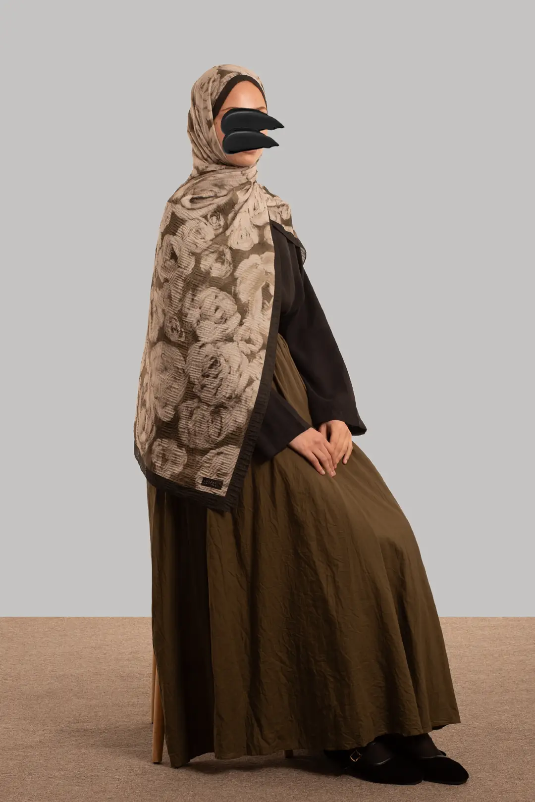 Müslin Ethereal Desenli Müslin Şal Haki 4