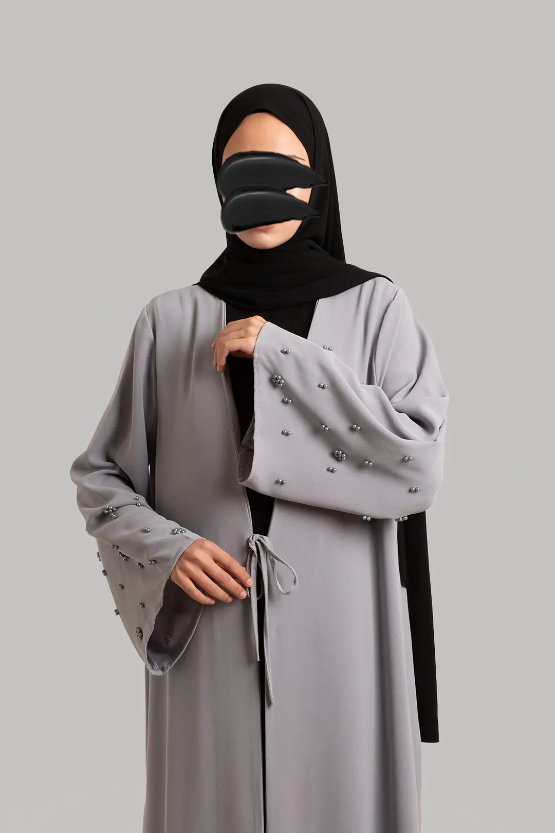 Boncuk Detaylı Abaya Gri 7