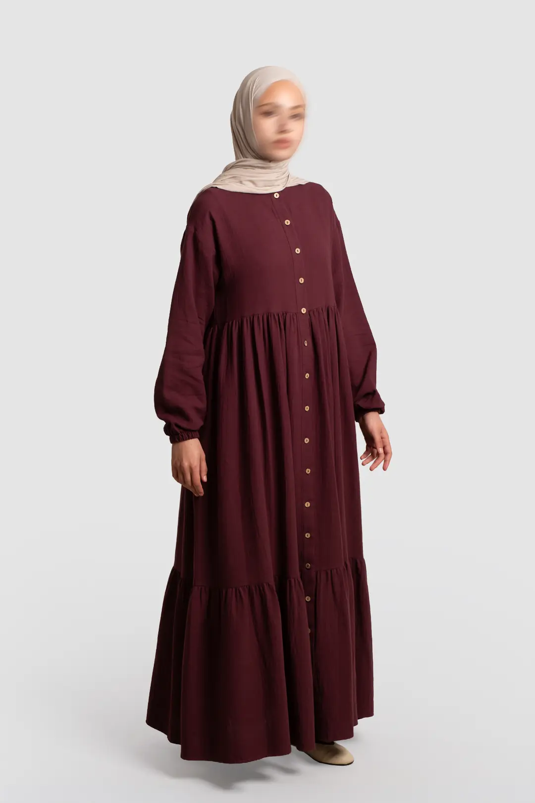 Full-Length Buttoned Muslin Dress, Burgundy 3
