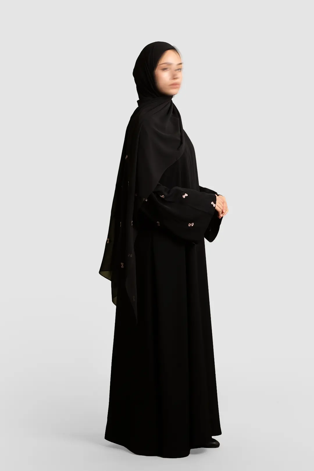 Minimal Yaprak Motifli Abaya Takım Bej 10