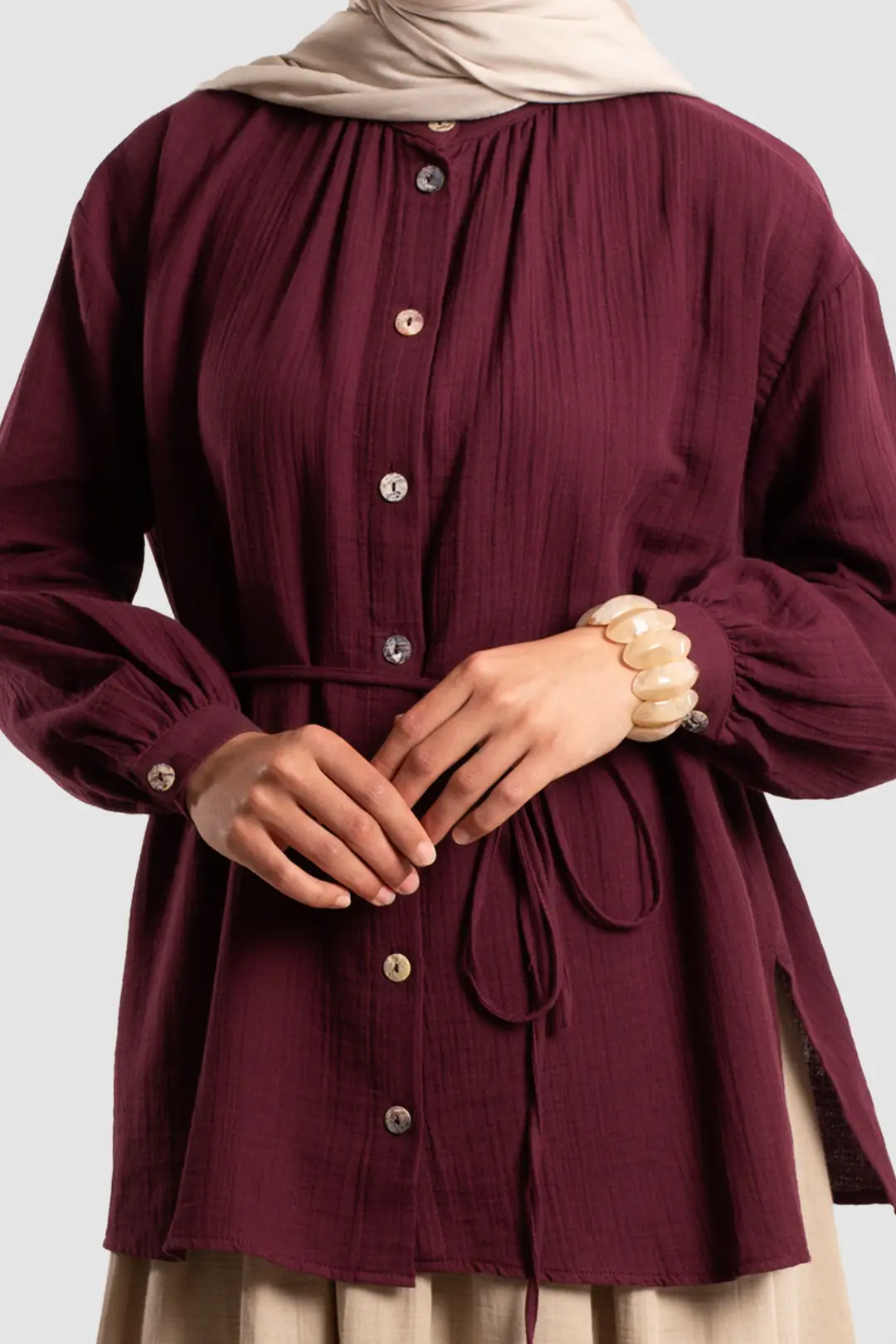 Muslin Shirt with Gathered Detail, Burgundy 5