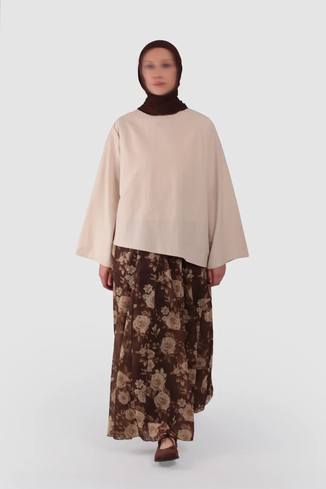 Floral Desenli Şifon Kloş Etek Kahverengi 5