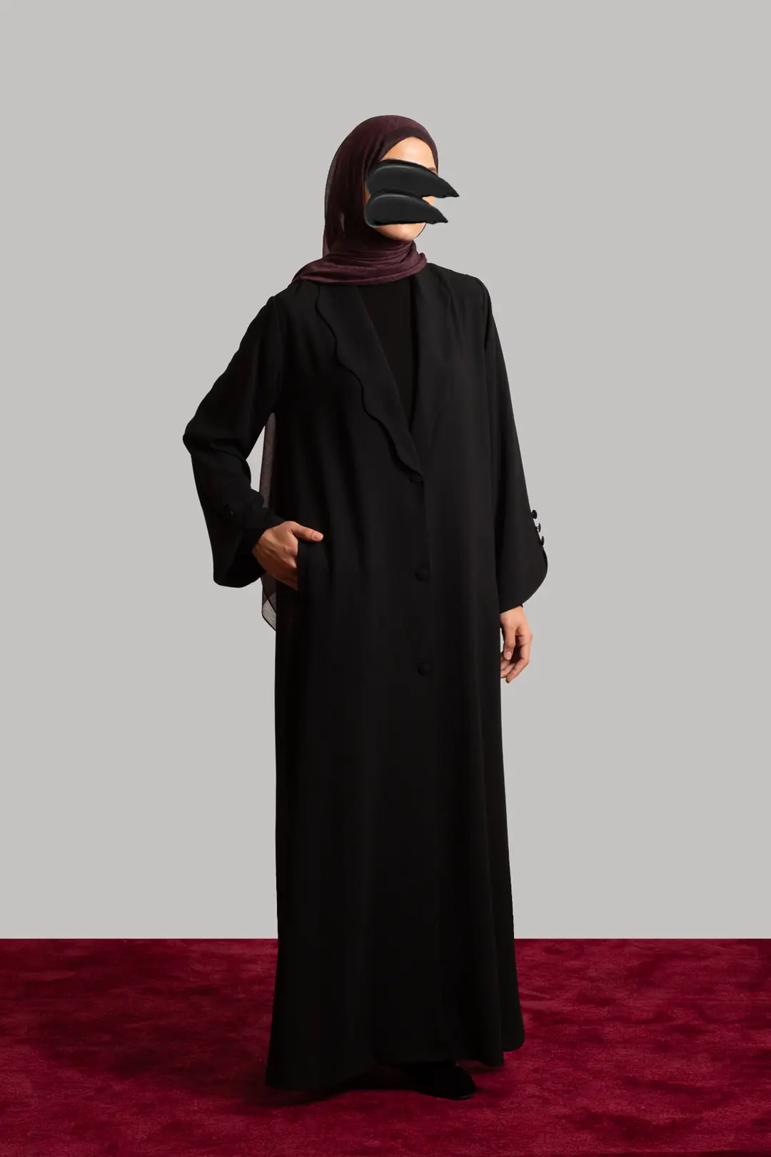 Pearl Collar Buttoned Abaya Black 4