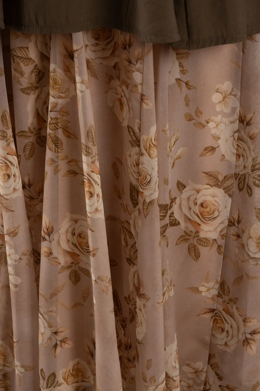 Floral Desenli Şifon Kloş Etek Bej 3
