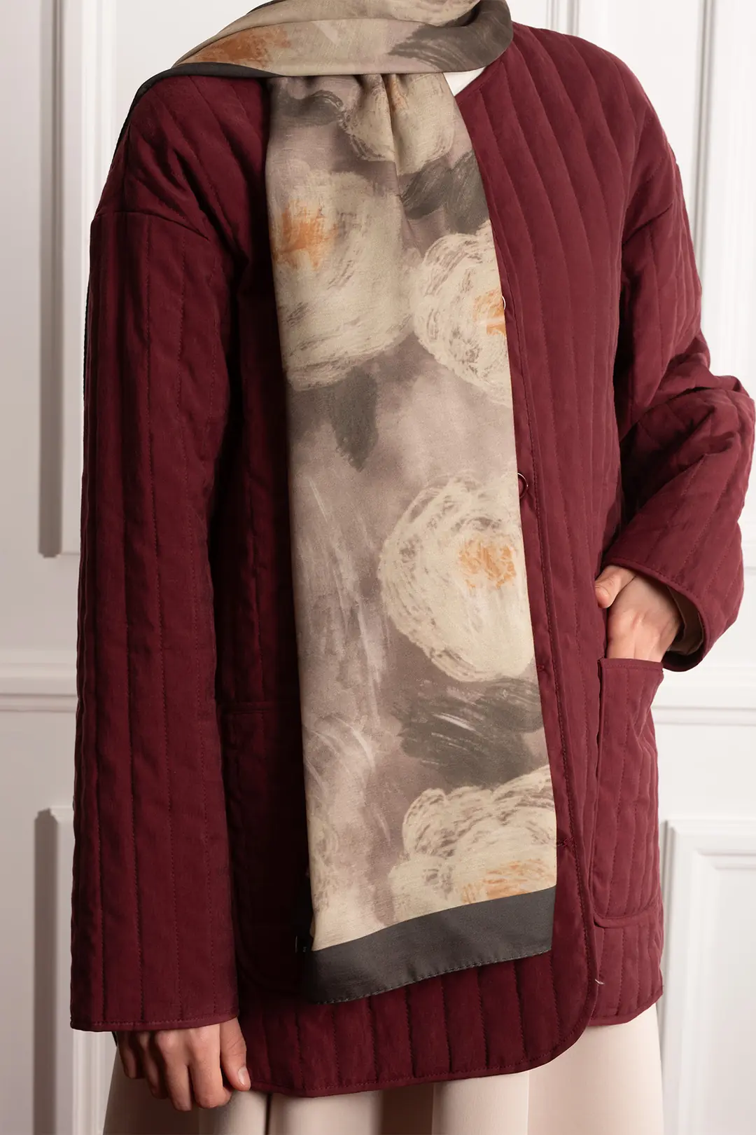 Cloud Roses Patterned Soft Scarf, Khaki 3
