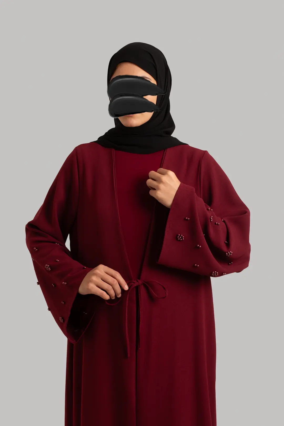 Boncuk Detaylı Abaya Bordo