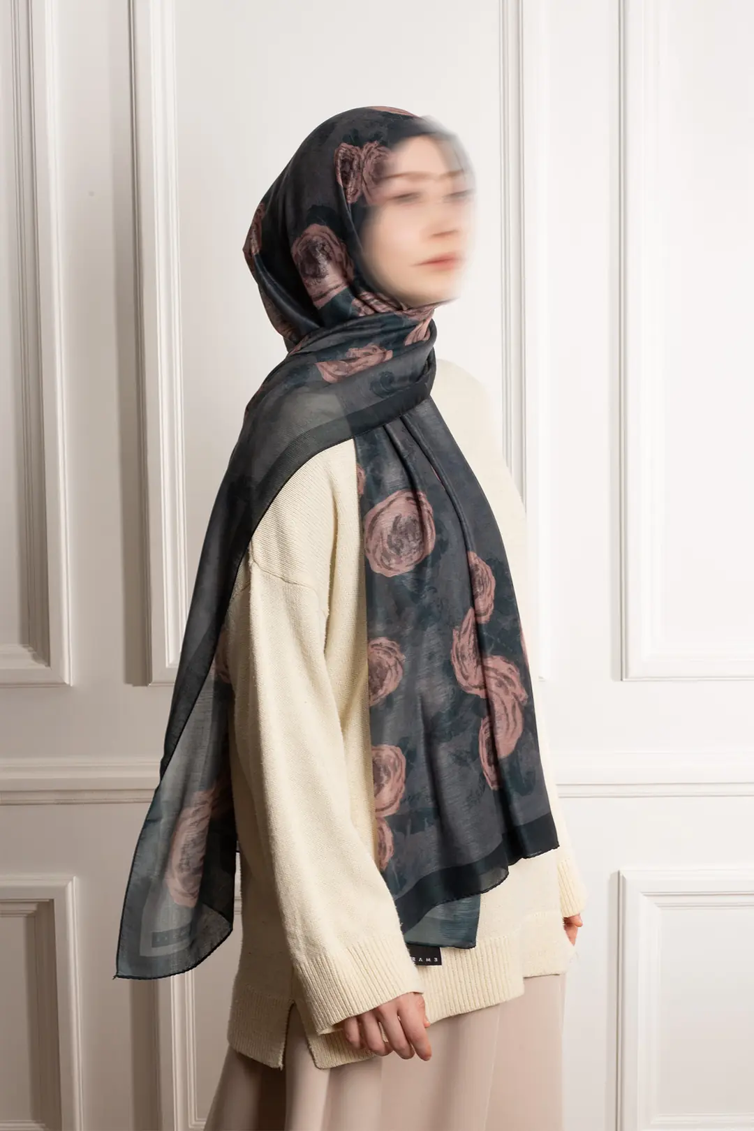 Antique Rose Patterned Cotton Scarf, Navy Blue 3
