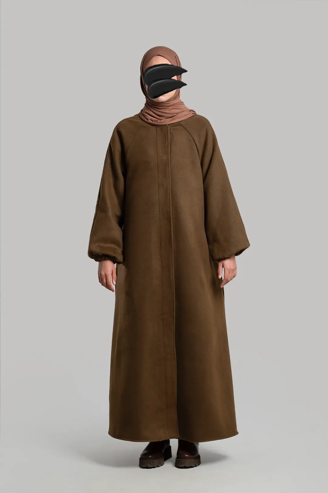 Flared Cashmere Full Length Hijab Coat Brown 6
