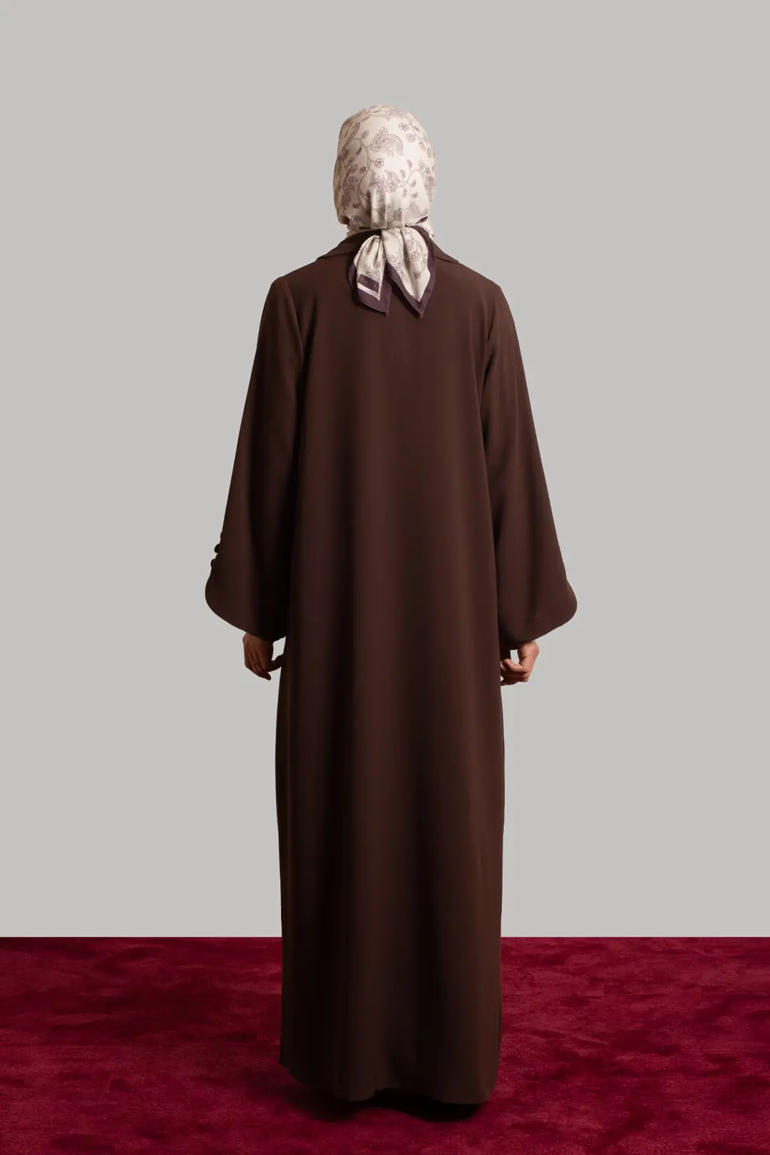 Pearl Collar Buttoned Abaya in Dark Brown 8