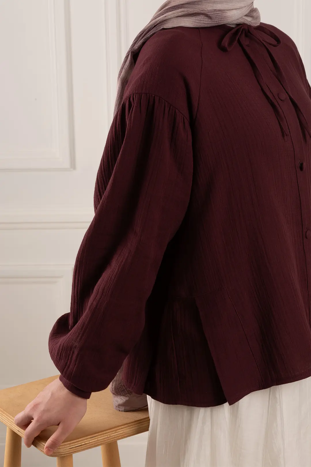 Pile Detaylı Müslin Gömlek Bordo 7