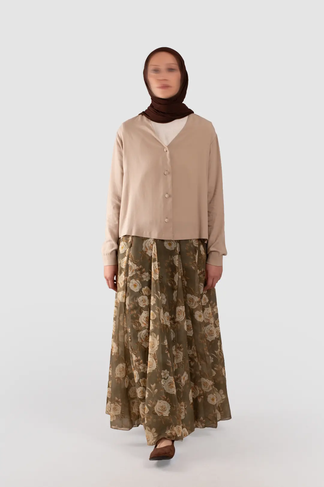 Floral Desenli Şifon Kloş Etek Soft Yeşil