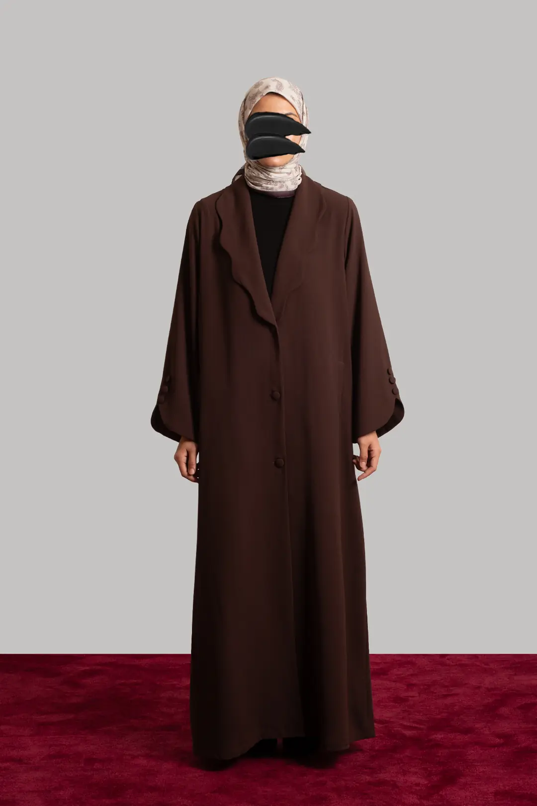 Pearl Collar Buttoned Abaya in Dark Brown 4