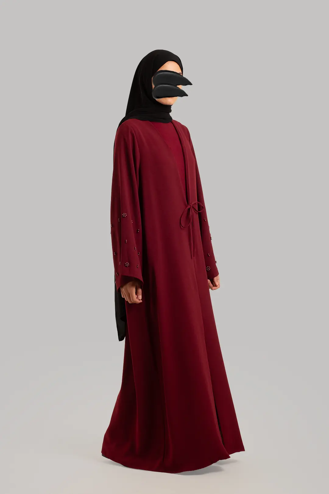 Boncuk Detaylı Abaya Bordo 3
