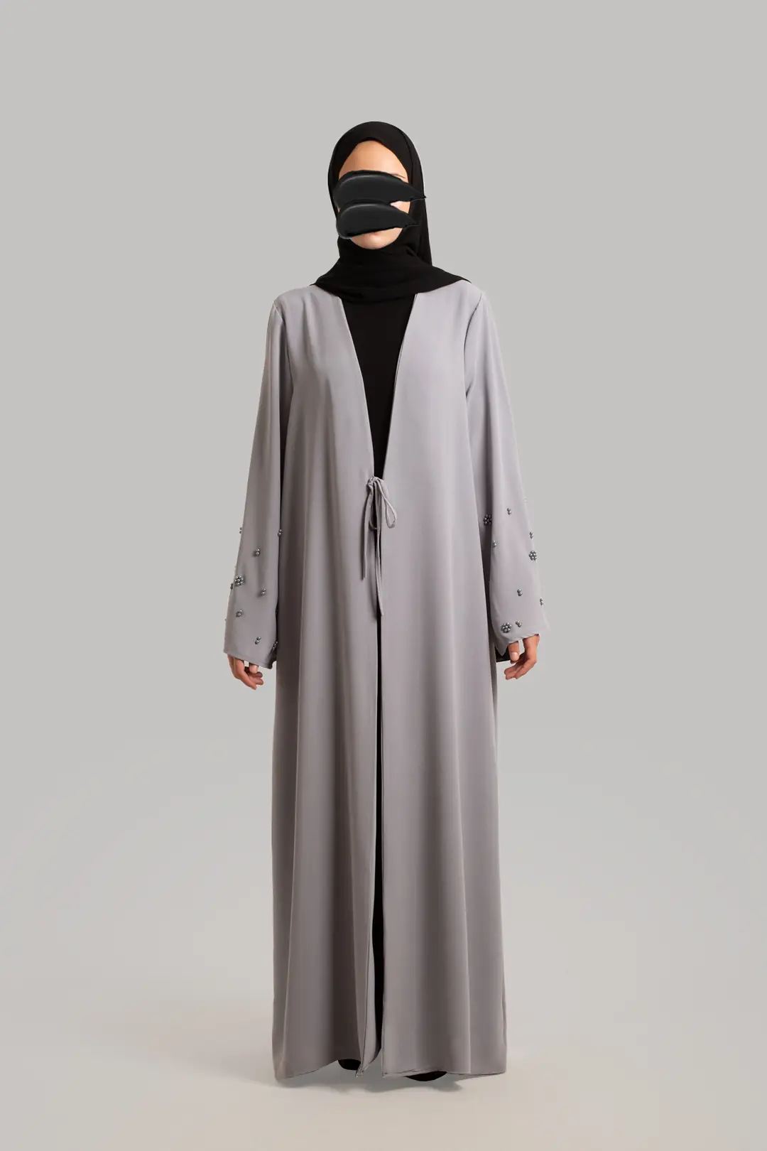 Boncuk Detaylı Abaya Gri