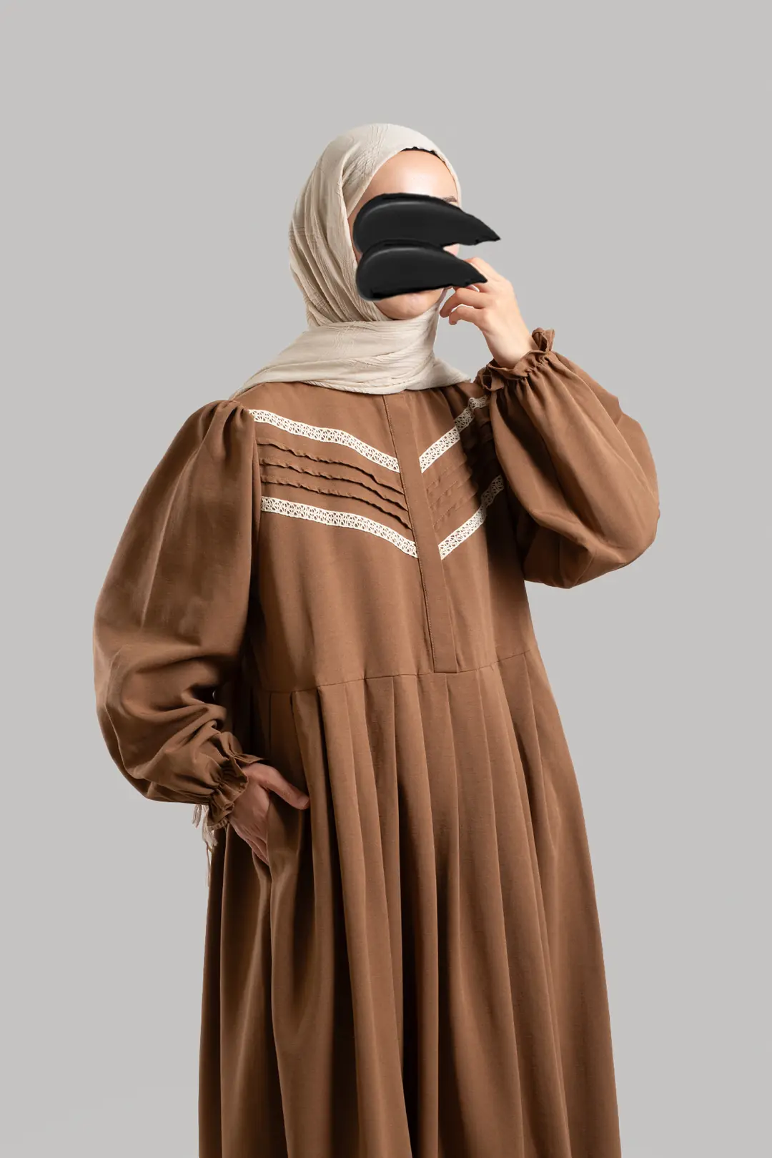 Lace Detail Linen Dress Brown 4