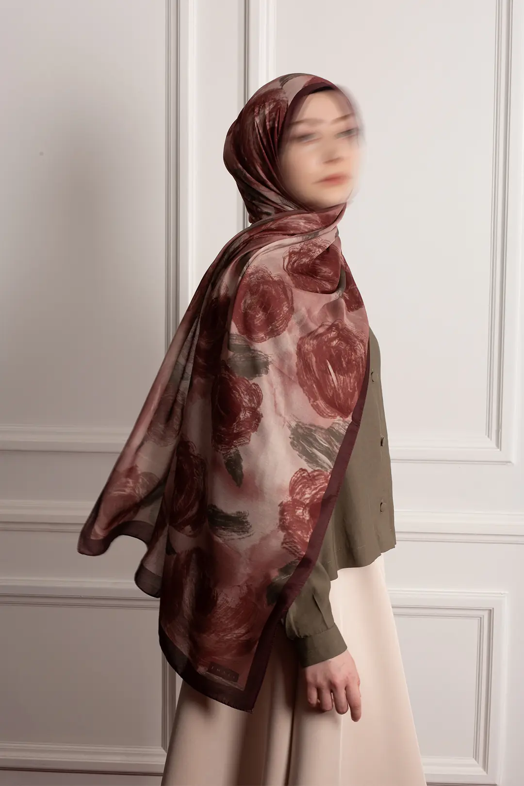 Cloud Roses Patterned Soft Scarf, Burgundy 7