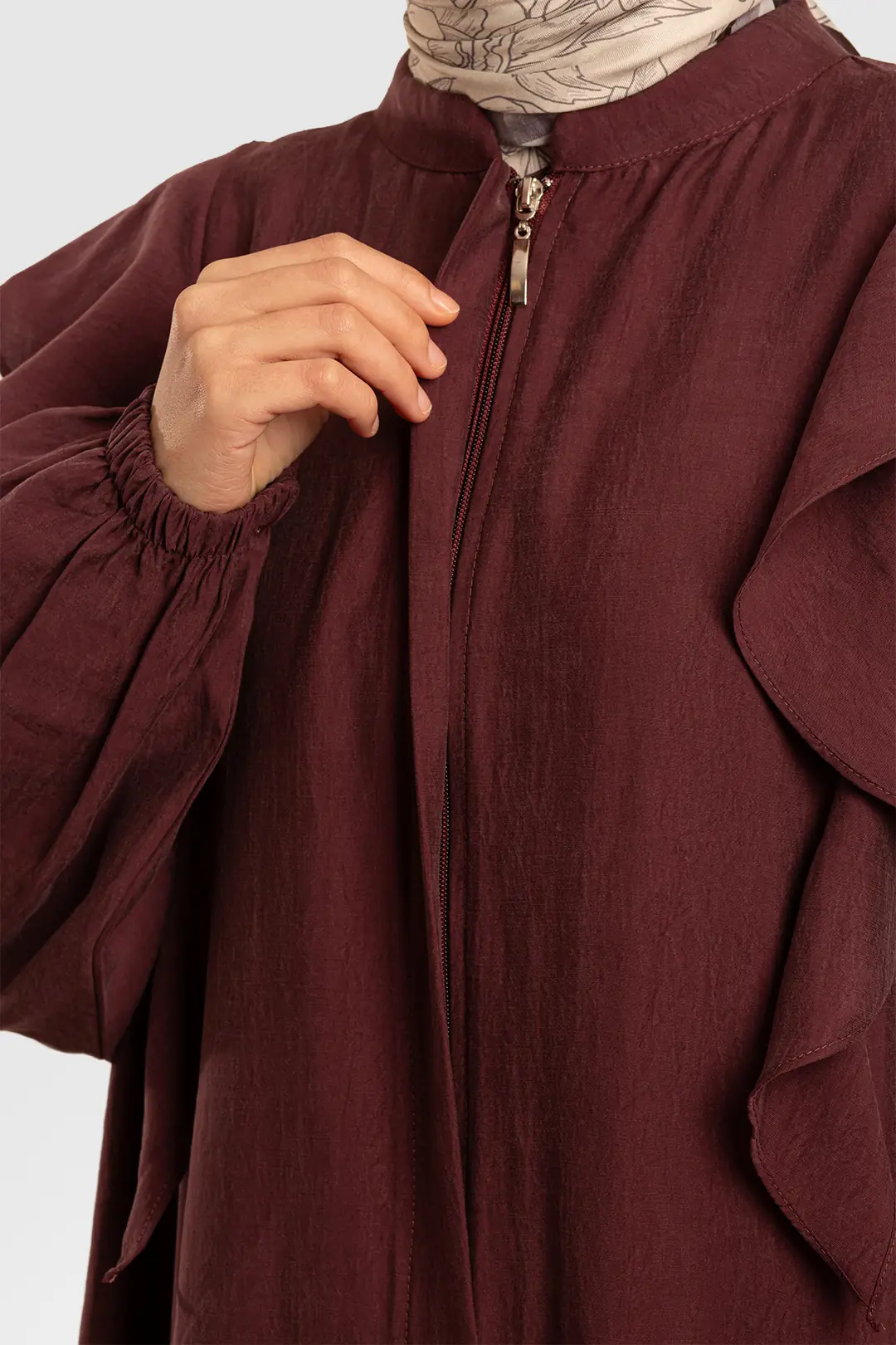 Zippered, Ruffled Tencel Abaya in Plum 9