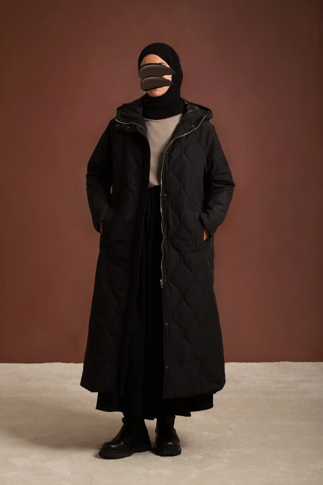 Long Hooded Quilted Jacket, Black