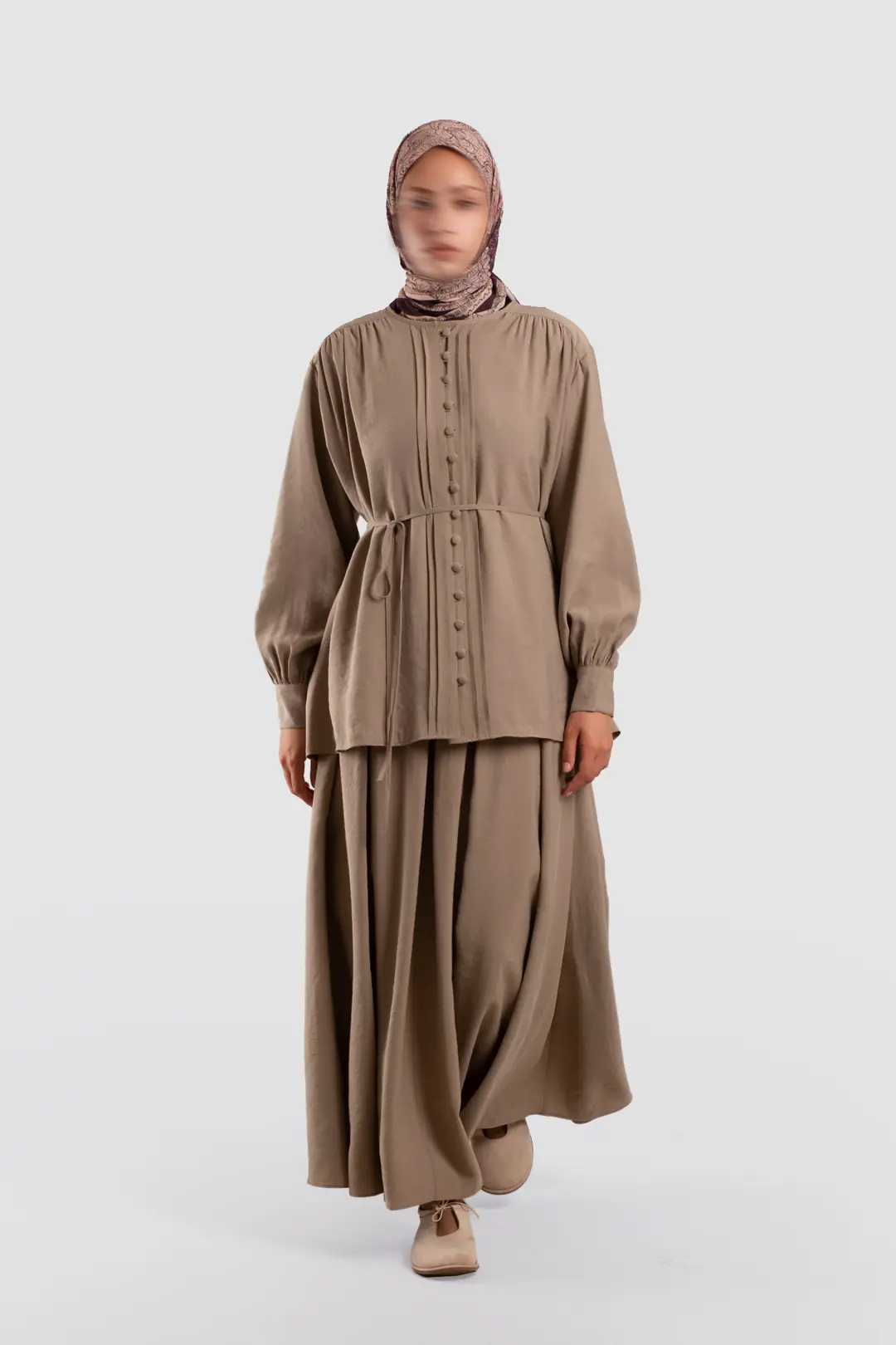 Pilikaşe Detaylı Lastikli Tensel Etek Vizon