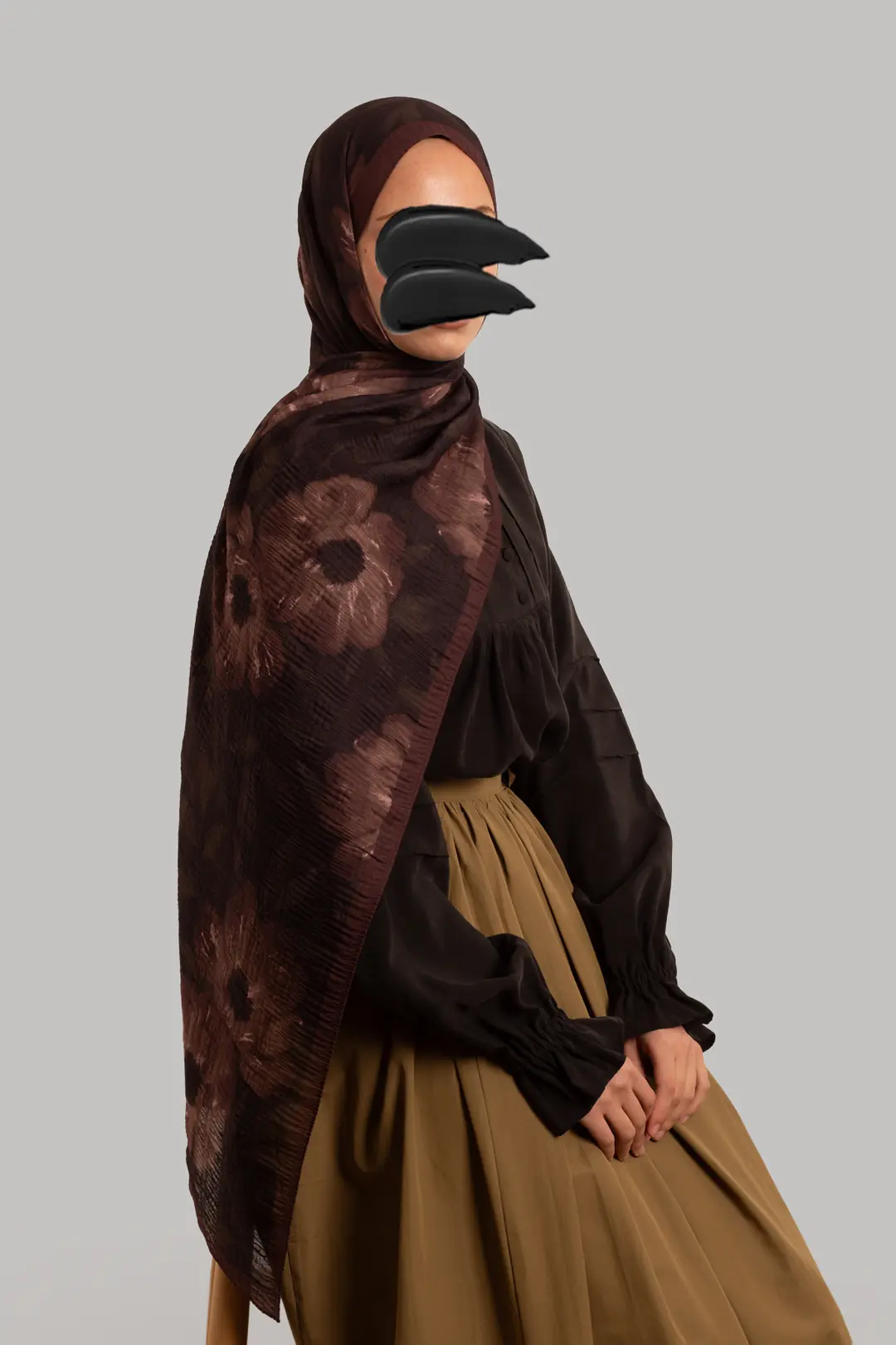 Autumn Bouquet Patterned Muslin Scarf in Coffee 2