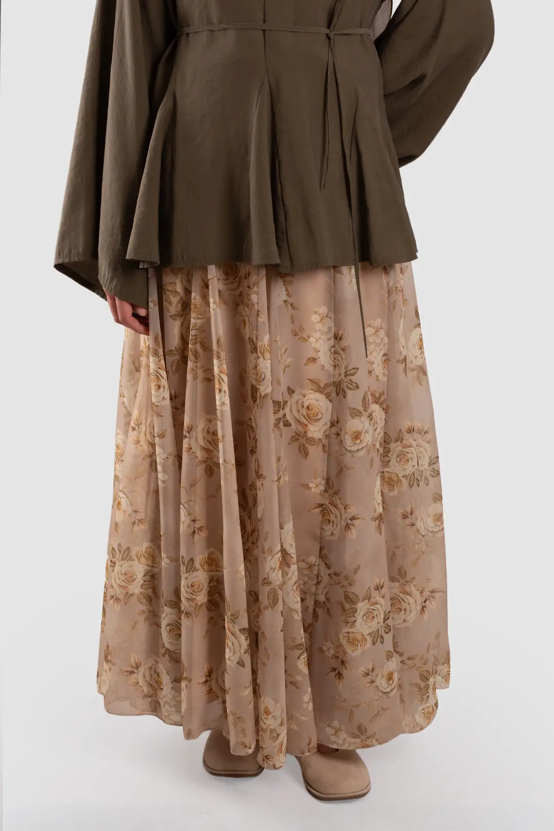 Floral Desenli Şifon Kloş Etek Bej 4