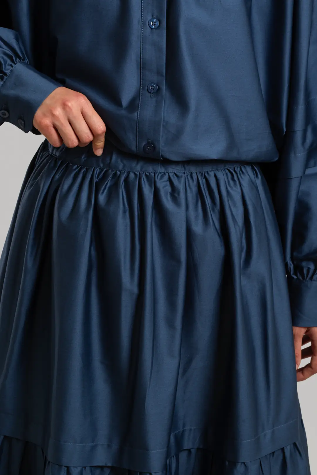 Aller Detailed Cotton Skirt, Gray Blue