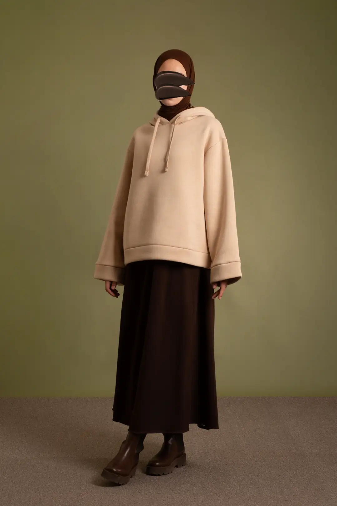 Basic Kapüşonlu Sweatshirt Bisküvi 3