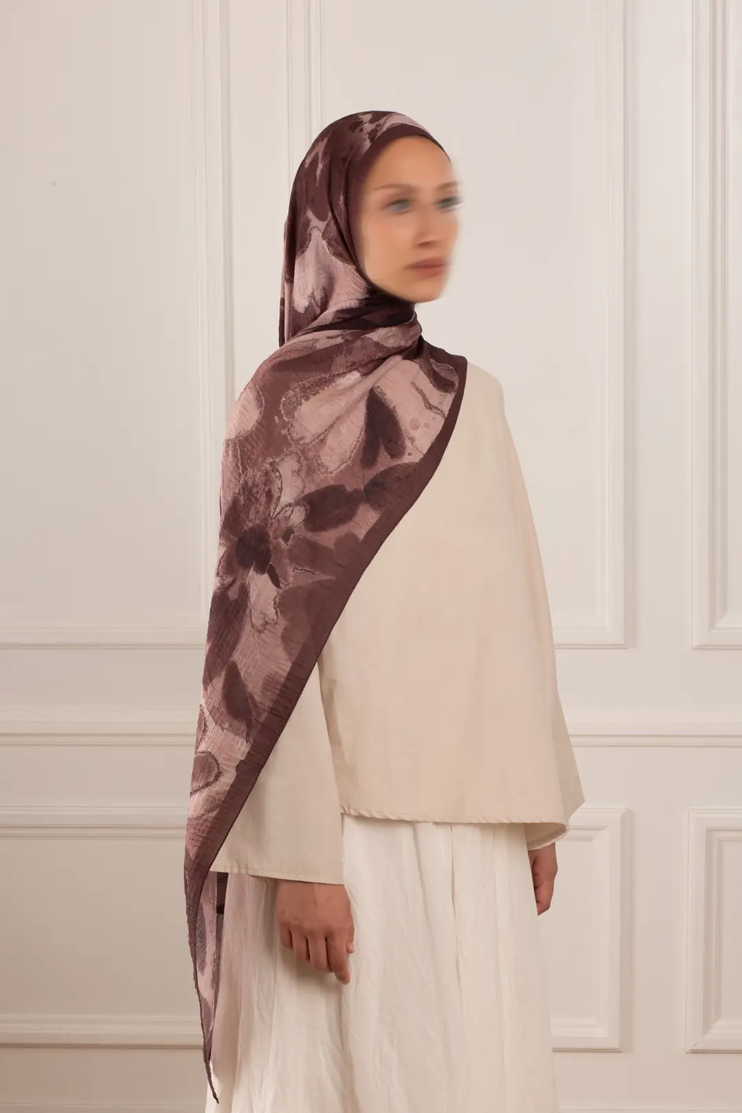 Pastel Bahçe Desenli Müslin Şal Kızıl Kahve 6
