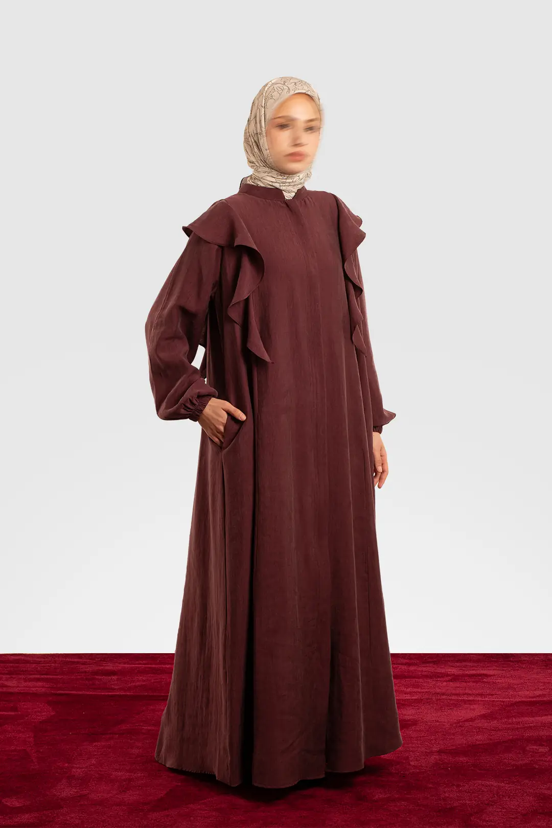 Zippered, Ruffled Tencel Abaya in Plum 4