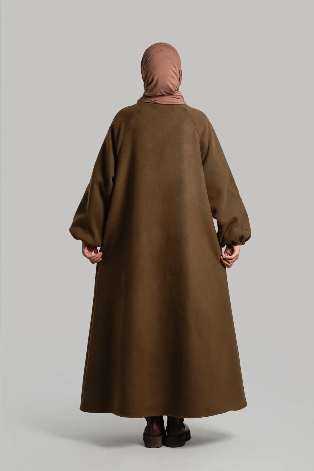 Flared Cashmere Full Length Hijab Coat Brown 5