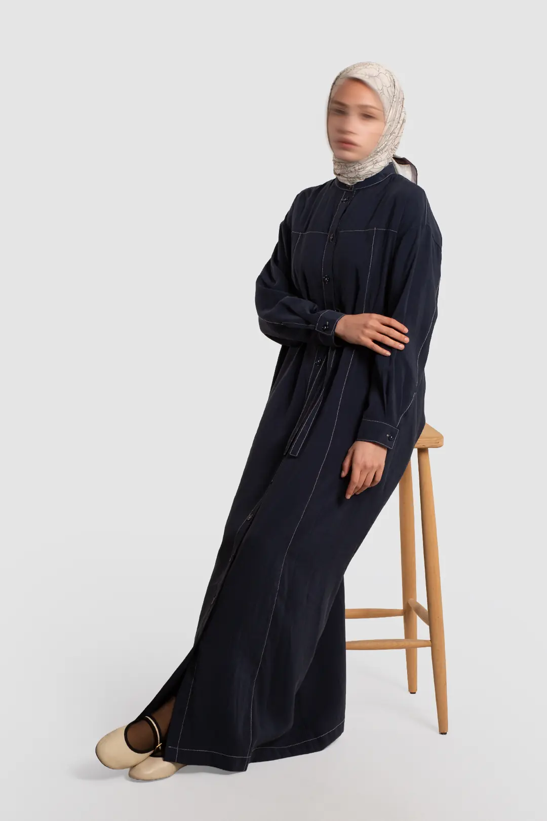 Navy Blue Modal Dress with Decorative Stitching Details
