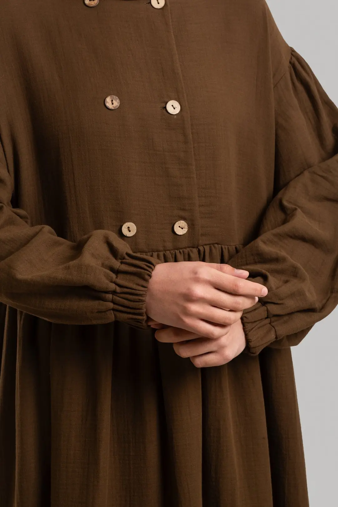 Natural Buttoned Muslin Dress Dark Brown