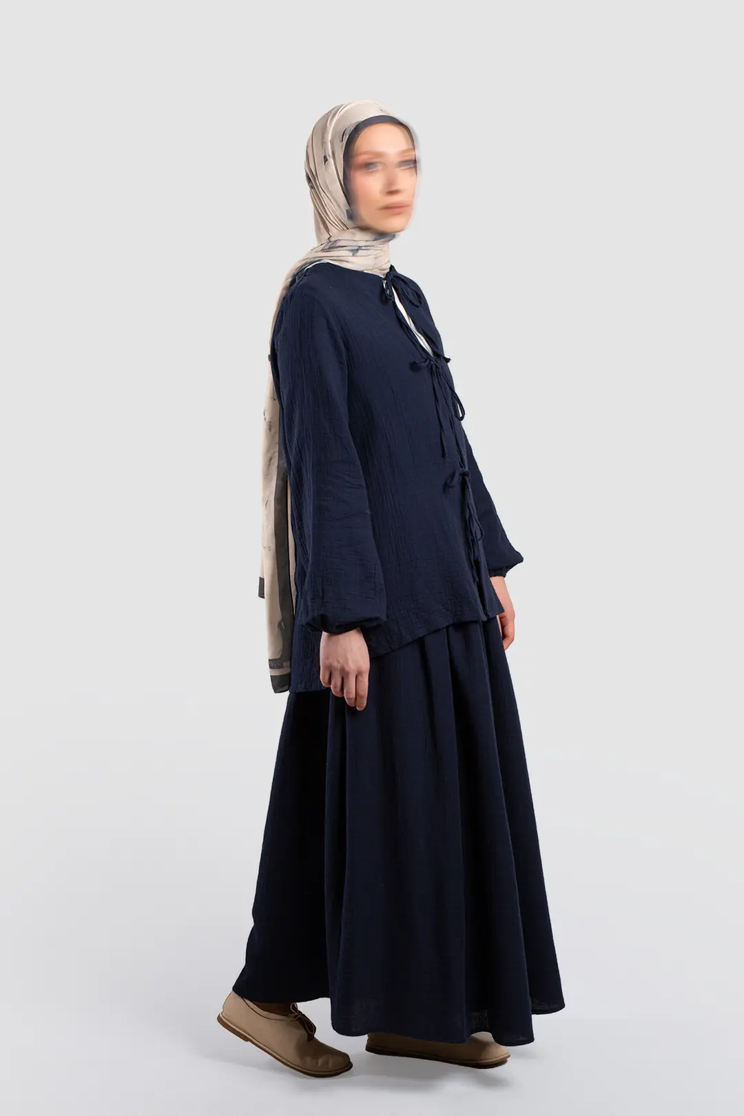 Navy Blue Muslin Set with Tie 4