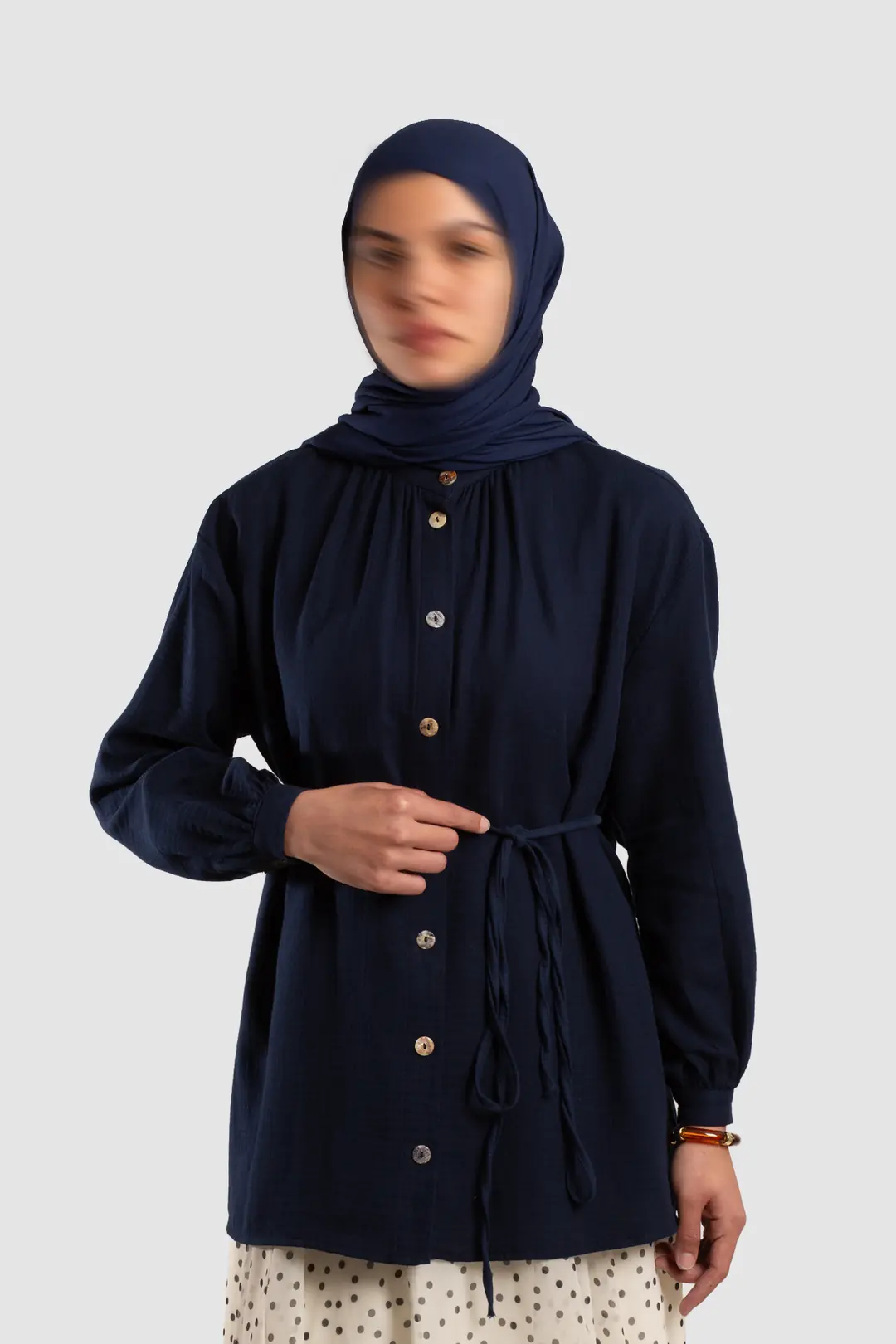 Muslin Shirt with Gathered Detail, Navy Blue 4