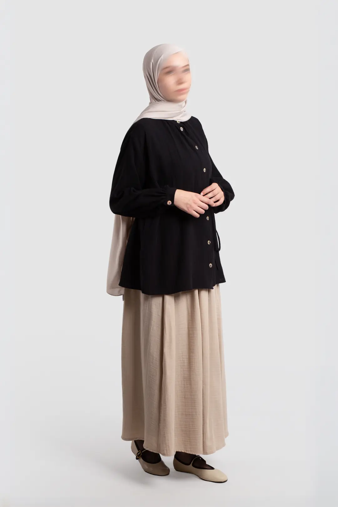 Muslin Shirt with Gathered Detail, Black 7