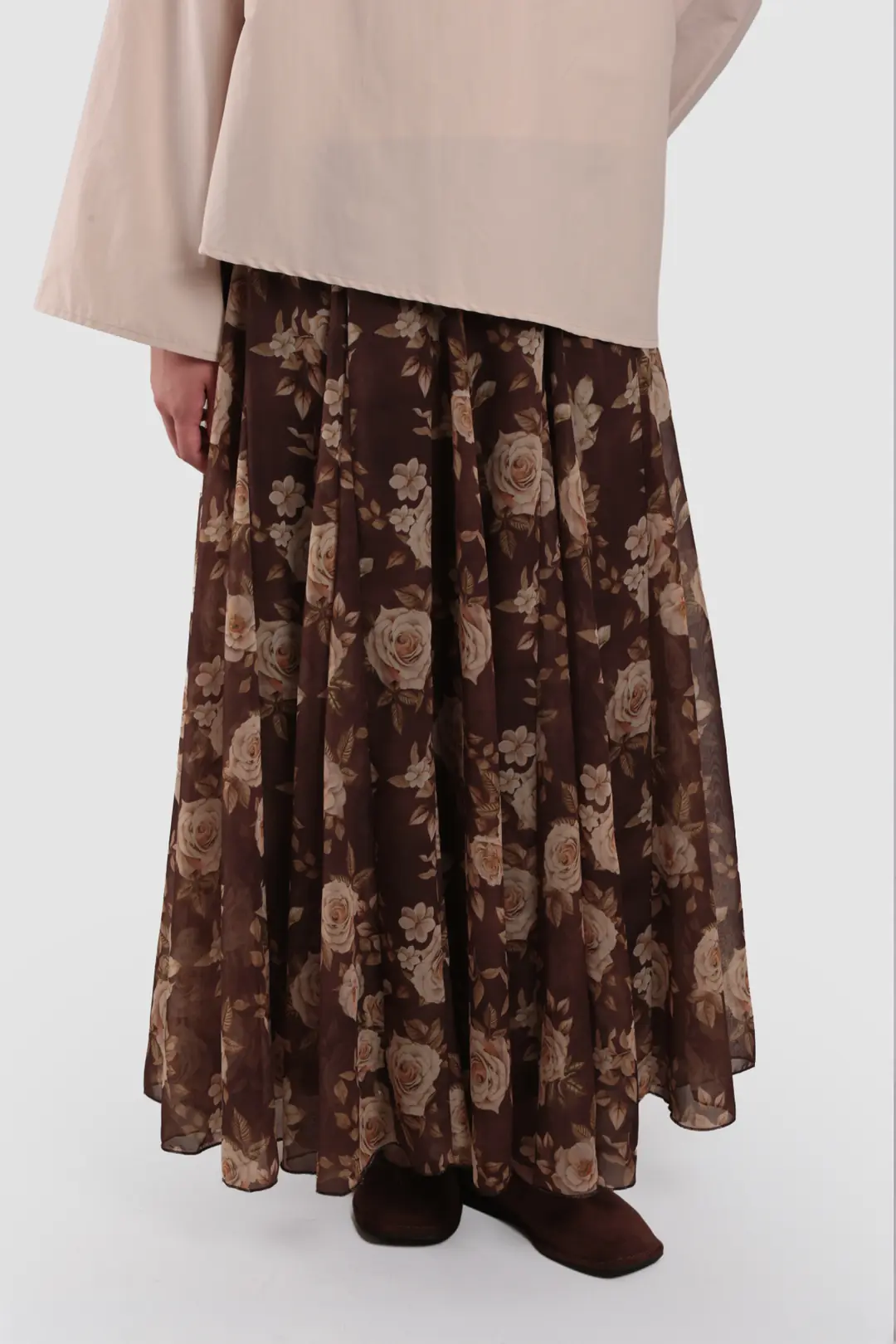 Floral Desenli Şifon Kloş Etek Kahverengi 4