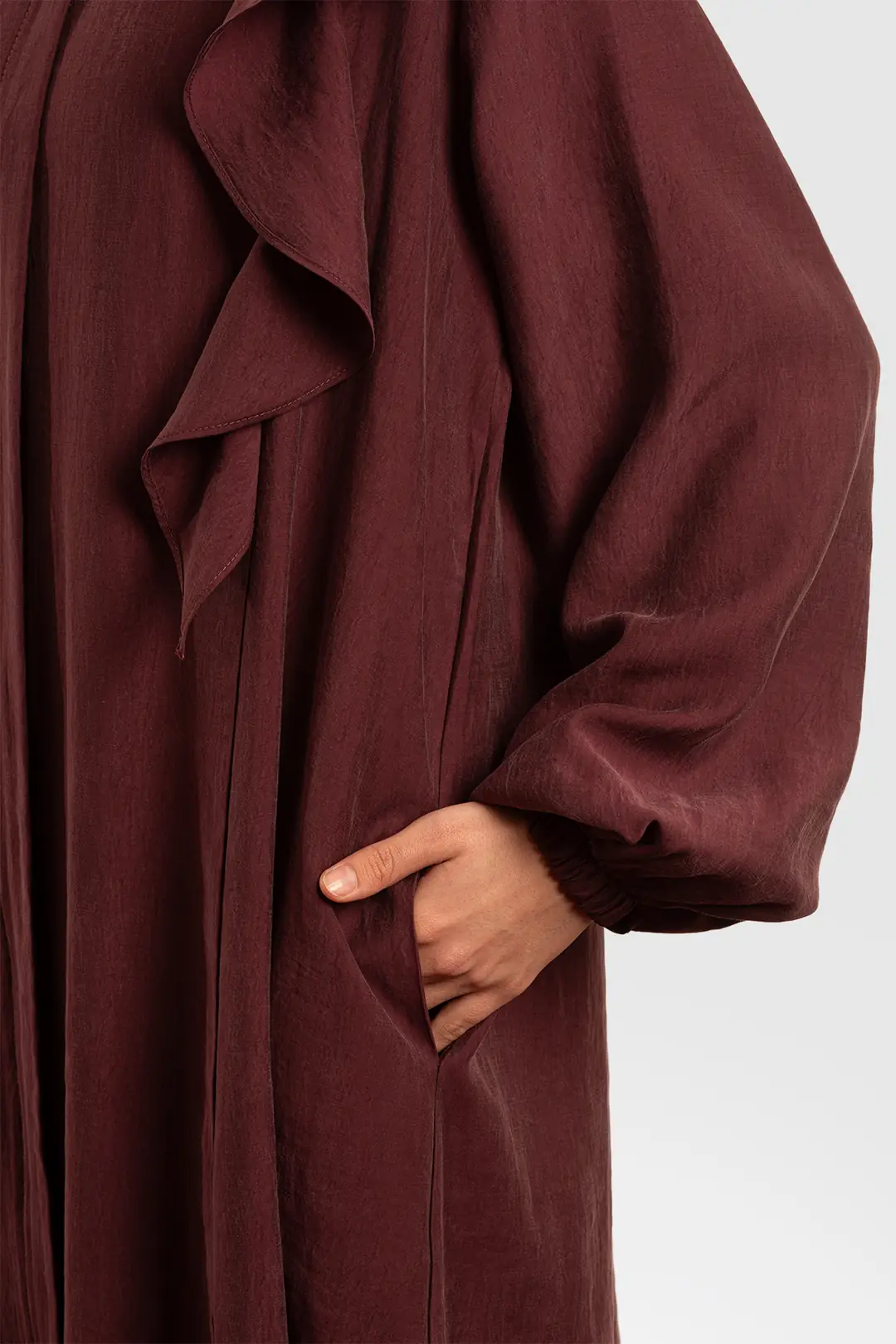 Zippered, Ruffled Tencel Abaya in Plum 5