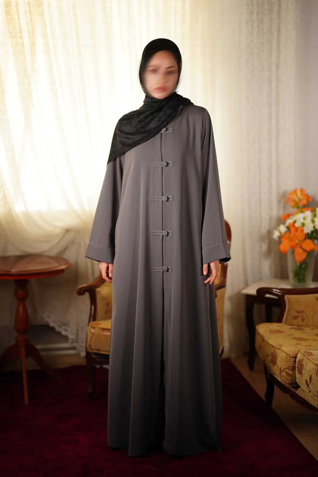 Birit Detaylı Abaya Gri